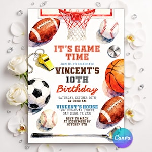 Sports Birthday Invitation, All Star Party Invite, Sports Style Birthday Party Invitation, Editable Canva Template