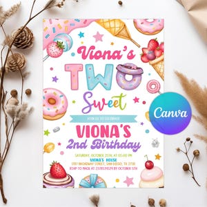 Two Sweet Birthday Invitation, 2nd Birthday Girl Invite, Two Sweet Invitation, Dessert Invite, Candy Sweets Donut, Canva Template