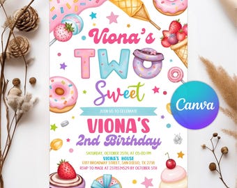 Two Sweet Birthday Invitation, 2nd Birthday Girl Invite, Two Sweet Invitation, Dessert Invite, Candy Sweets Donut, Canva Template