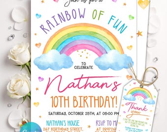 Rainbow Birthday Invitation, Girls Rainbow Party, Pastel Pink Gold Rainbow Clouds Hearts Rainbow of fun Invite, Editable Canva Template