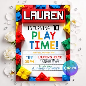 Invitación de cumpleaños editable con temática de bloques de construcción, fiesta de juegos con bloques de juguete, plantilla digital imprimible de Canva para niños de cualquier edad.