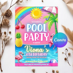 Neon Pool Party Birthday Invitation, Glow Pool Party, Pool Party Birthday Invitation, Tropical tie dye, Swimming Pool Party, Editable Canva
