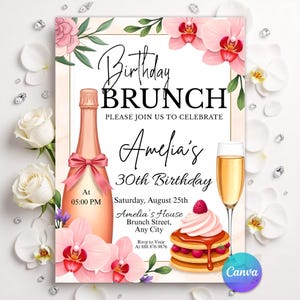 Birthday Brunch Invitation, Minimalist Brunch Party, Modern Any Age Brunch Invite, Printable Editable Canva Template