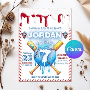 Baseball Drip Birthday Party Invitation, Digital Editable Canva Template, Baseball Ice Cream Drip Birthday Invite, Instant Download
