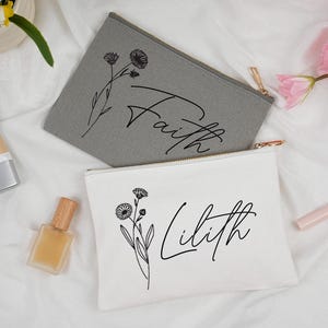 Birth Month Flower Engraved Makeup Bag,Custom Name Cosmetic Bag,Bridesmaid Gifts,Birthday Gifts, Wedding Party Gifts,Birth Flower Makeup Bag