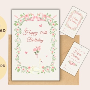 Cartão elegante de 30º aniversário 4x6 para impressão + etiquetas de presente | Faça você mesmo em PDF e JPG com flores rosa