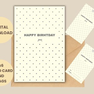 Cartão de Aniversário para Imprimir 4x6” + Etiquetas para Presente | Cartão Dobrável de Bolinhas | Cartão de Feliz Aniversário Faça Você Mesmo para Imprimir em Casa