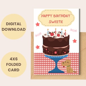 Carte pliable Happy Birthday ma chérie 4 x 6 pouces - Carte de voeux numérique avec gâteau au chocolat et chiot mignon
