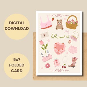 Biglietto d'auguri digitale per i 16 anni, formato 5x7, stampabile, con estetica rosa, per adolescenti, download immediato