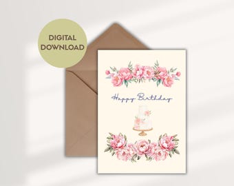 Floral Pink Peonies Happy Birthday Card (5x7 inch PDF Digital Download)