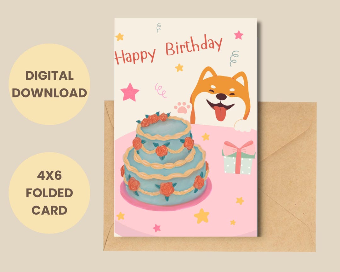 Cute Dog Birthday Card – Printable Kawaii Shiba Inu With Cake – Digital ...