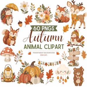 May include: A collection of 60 PNG autumn animal clipart images featuring a hedgehog with an umbrella, a fox, a deer, a squirrel, a bird, a bear, pumpkins, mushrooms, a lantern, floral arrangements, leaves, and a wooden sign with text.