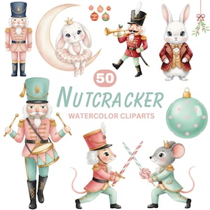 Puede incluir: Conjunto de imágenes prediseñadas de acuarela con ilustraciones del tema Cascanueces. Incluye un soldado cascanueces, un conejito bailarina en una luna creciente, un cascanueces tocando la trompeta y otros elementos festivos.