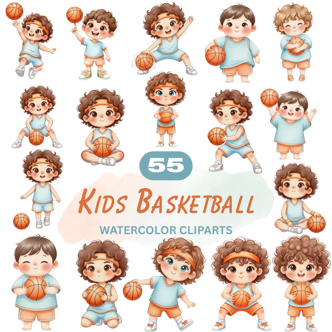 Kids Basketball Clipart Set – Watercolor Basketball PNG, Sports Digital ...