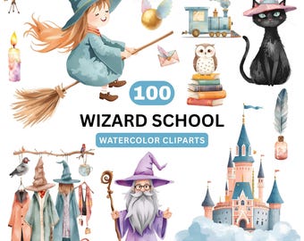 Imágenes prediseñadas de escuela de magia en acuarela: pociones mágicas, hechizos, castillo (descarga digital)