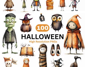 Cute Halloween Clipart, Watercolor Ghost & Pumpkin PNG, Pastel Spooky Monsters, Kids Graphics, Halloween Decoration, Commercial Use bundle