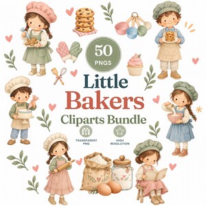 以下が含まれることがあります： Little Bakersというタイトルのデジタルクリップアートバンドル。シェフの帽子とエプロンを身につけた子供たちが、クッキー、カップケーキ、小麦粉、卵、調理器具を使ってお菓子作りをしている50個のPNG画像が含まれています。若いパン職人の様々なイラストが収録されています。