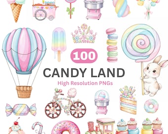 Watercolor Pastel Candyland Clipart | Cotton Candy, Lollipop, Macaron, Cupcake, Marshmallow, Sweet Treats | Dessert Clipart | Commercial Use