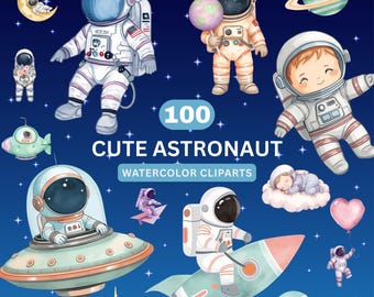 Watercolor Astronaut Clipart Bundle PNG | Cute Space Adventure, Planets Rocket, Nursery Decor, Commercial Use, Digital Download,