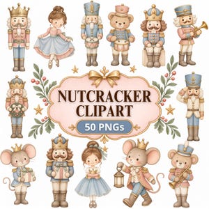 Puede incluir: Una colección de ilustraciones digitales con soldados cascanueces, bailarinas, ratones y osos de peluche en uniformes azul y rosa pastel. El texto central dice NUTCRACKER CLIPART 50 PNGs, rodeado de hojas decorativas y estrellas doradas.