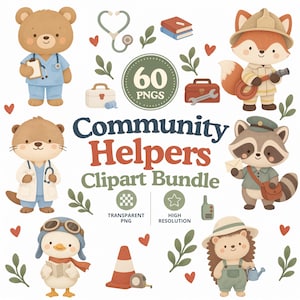 Pode incluir: Um pacote de clipart digital com 60 arquivos PNG intitulado Community Helpers. A coleção inclui ilustrações de um urso médico, uma raposa bombeiro, uma lontra cientista, um guaxinim carteiro, um pato piloto e um ouriço jardineiro.