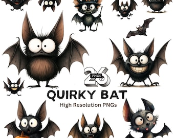 Imágenes prediseñadas de murciélagos de Halloween peculiares / 26 imágenes PNG divertidas (descarga digital)