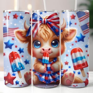 4th Of July Highland Cow Popsicle 20 oz Skinny Tumbler Sublimation Design, Highland Cow Tumbler Wrap, 4th Of July Tumbler Wrap, not seamless