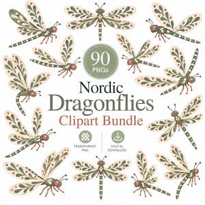 May include: A digital clipart bundle featuring 90 PNG files of dragonflies with cream, dark green, and red patterned wings. The text reads 90 PNGs, Nordic Dragonflies Clipart Bundle, Transparent PNG, and Digital Download.