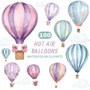 May include: Watercolor clipart featuring ten hot air balloons in various colors, including purple, pink, blue, and green. Each balloon has a basket and some have floral or striped designs. The text "100 HOT AIR BALLOONS WATERCOLOR CLIPARTS" is also included.
