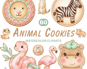 Frosted Animal Cookies Clipart | Safari Watercolor Animal Crackers PNG, Pink Frosted Sugar Cookies, Circus Animal Cookies Digital Download