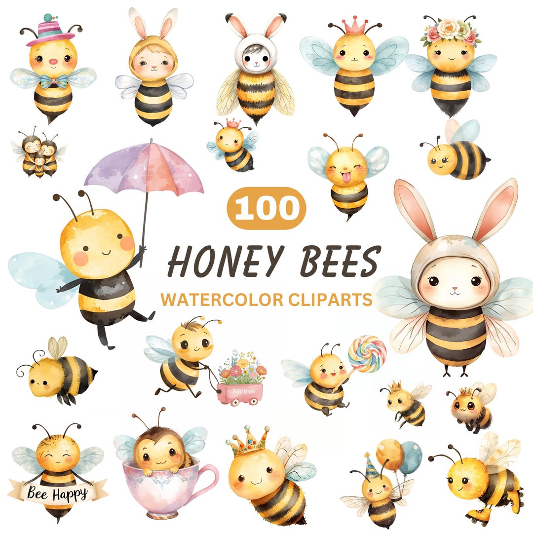 Watercolor Cute Bee Clipart Bundle, Baby Bee PNG, Honeycomb Clipart ...
