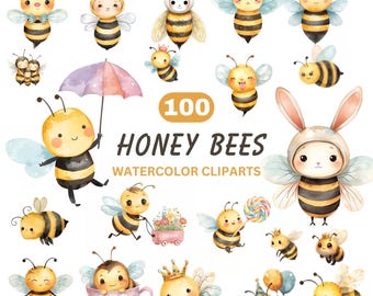 Aquarell Baby Biene Clipart Bundle PNG | Süße Honigbiene, Honigwabe, Babyparty-Kinderzimmerkunst, kommerzielle Nutzung, digitaler Download, niedliche Bienen PNG