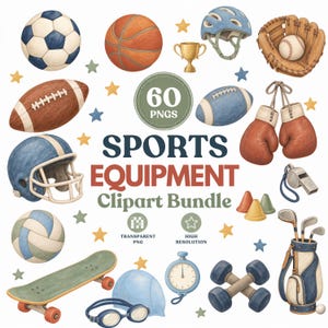 Può includere: Una collezione digitale di illustrazioni di attrezzature sportive che include un pallone da calcio, basket, football, guantone da baseball, guantoni da boxe, casco, skateboard, manubri, sacca da golf e fischietto con il testo 60 PNGS SPORTS EQUIPMENT.