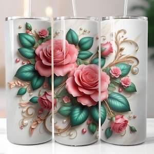 3D Pink Roses 20oz Skinny Tumbler Wrap PNG, Floral Sublimation Design, Instant Download for Cricut & Silhouette
