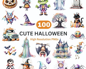 Watercolor Halloween Clipart Bundle, Ghost, Pumpkin, Spooky Monster PNG (Commercial Use)