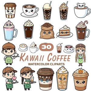 Cute Coffee Shop Clipart Bundle, Kawaii Coffee cliparts Cafe Drinks PNG, Cocoa Clipart, Coffee Time Stickers, Commercial use