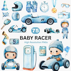 Little Racer Clipart, Blue Baby Racer Clipart, Cute Race Car Clipart, Watercolor Race Car PNG, Boy Baby Shower Clipart, Kids Birthday Decor