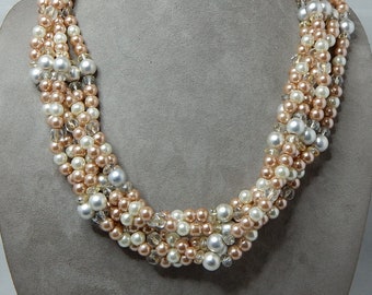 6 Strand Taupe Pearl & Crystal Necklace    QBI27