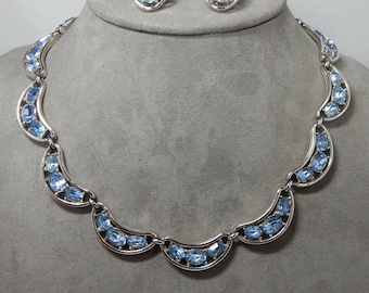 BOGOFF Signed Blue Rhinestone Silver Link Choke Necklace & Clip Earrings Set   PJ38