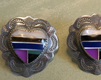 Sterling Silver Signed 925 Mosaic Pierced Earrings    ZAK34