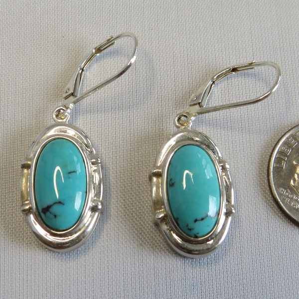 Whitney Kelly Signed Sterling Silver & Turquoise Oval Dangle Hook Earrings    UD15