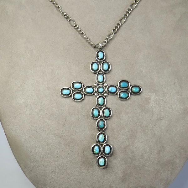 Native American Shadowbox Sterling Silver & Turquoise Cross and Chain    TBF2