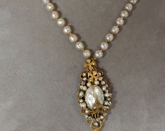 MIRIAM HASKELL Signed Baroque Pearl Pendant Necklace and Clip On Earrings Set OEO52