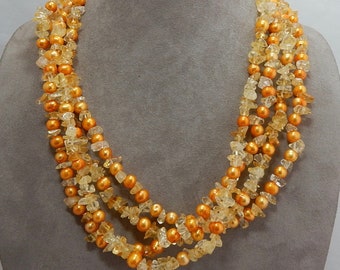ROSS SIMONS Genuine Citrine Chip & Freshwater Pearl 4 Strand Necklace PP14