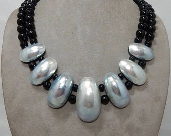 Artisan Signed Natural Gray OSMENA Pearl and Black Bead Choker Necklace   PA12