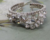 SCHOFFEL Signed Austria Clear Rhinestone Cuff Style Bracelet w Spray of Dimensional Stones OY19