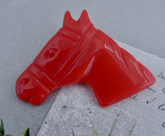 Vintage CLASSIC HARDWARE Carved Red Lucite Horse … - image 1