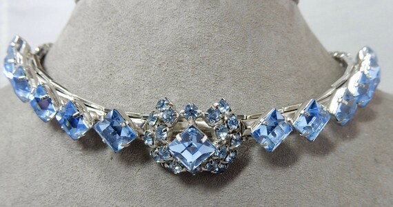 Square Cut Blue Rhinestone Clip on Earrings & Choker