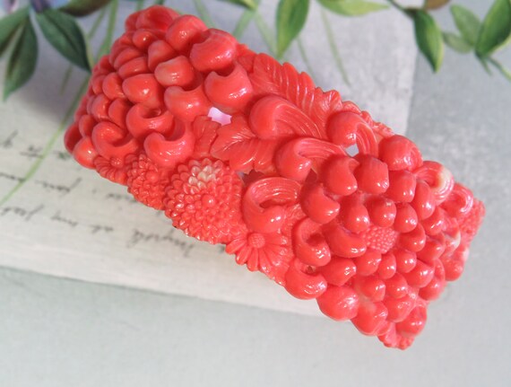 Wide Carved Celluloid Bangle Bracelet Chrysanthem… - image 5