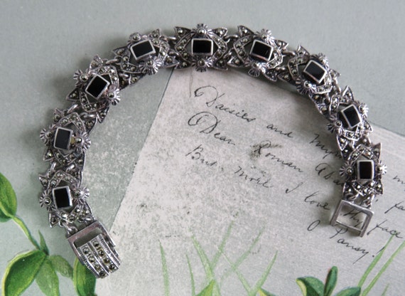 Ornate Signed Sterling Silver, Marcasite  & Black… - image 4